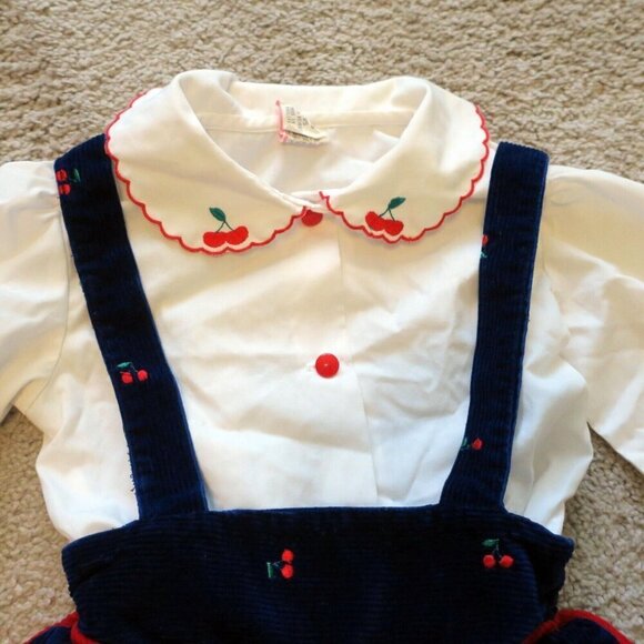 Vintage 80s Overalls Jumpsuit Girls Romper & Shirt Navy Corduroy Cherries 24M - Picture 3 of 8